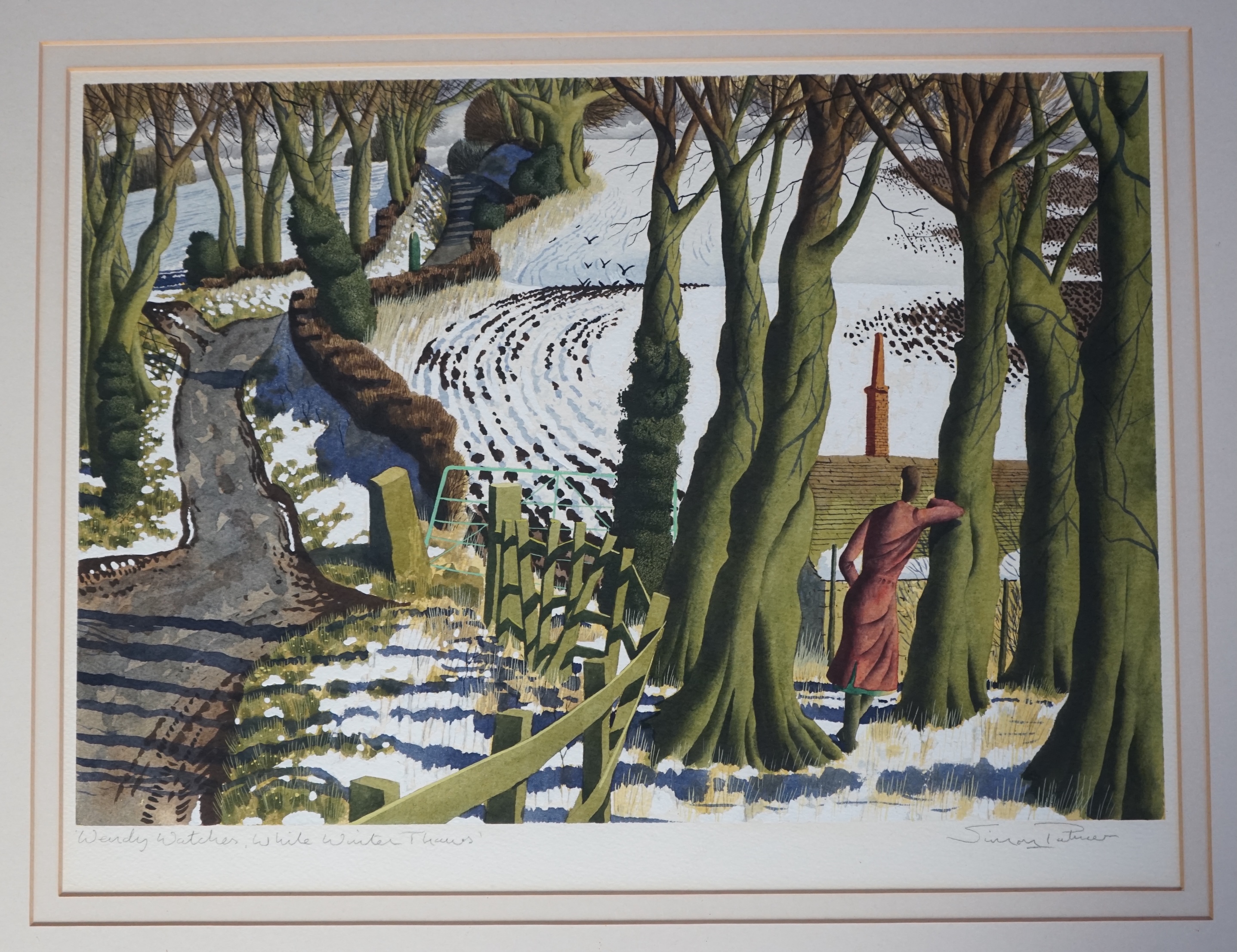 Simon Palmer (English, b.1956), 'Wendy watches, while winter thaws', watercolour, 34 x 49.5cm